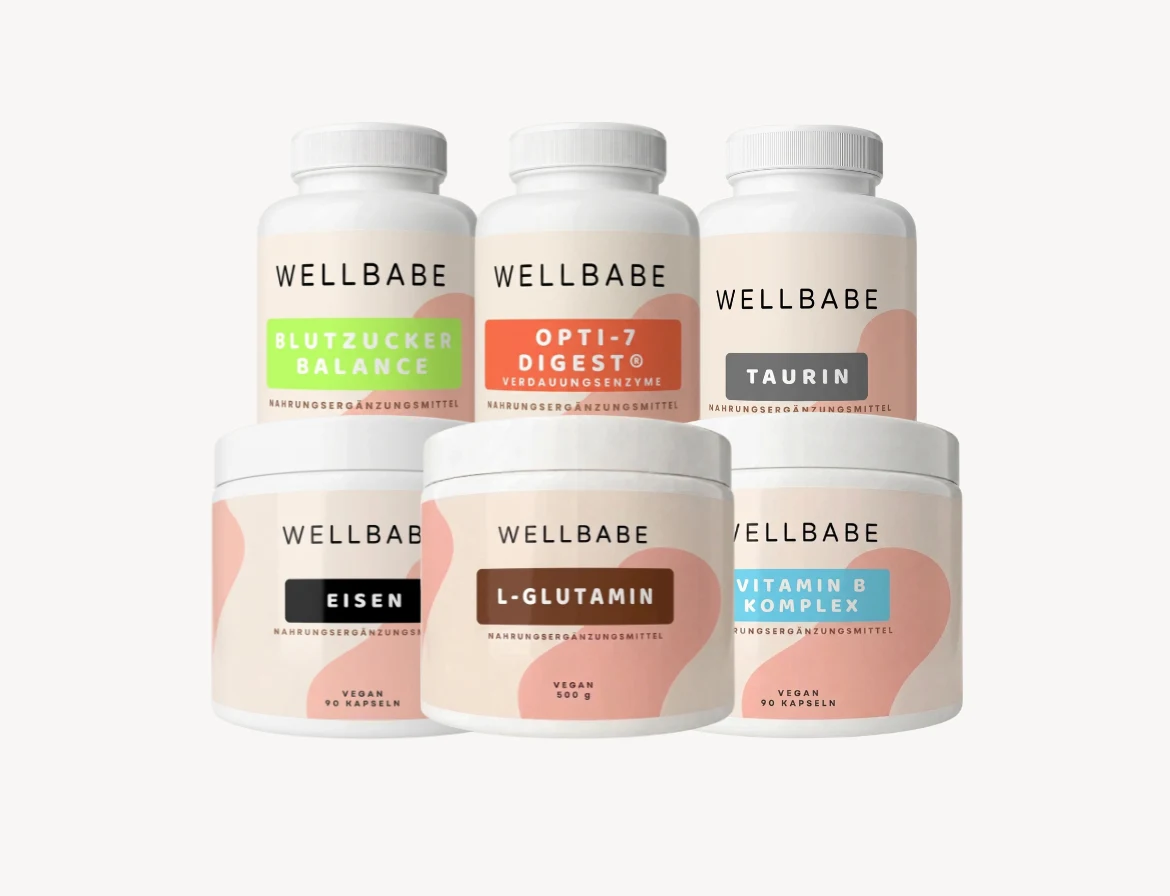 Sechs Wellbabe-Dosen des Body-Balance-Bundles mit Blutzucker Balance, Opti-7-Digest, Taurin, Eisen, L-Glutamin und Vitamin B Komplex