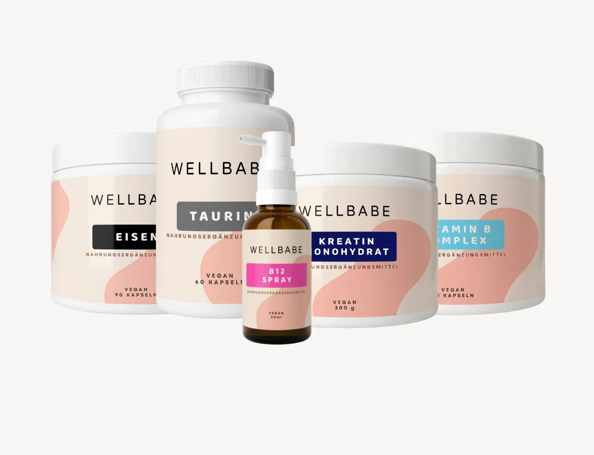 Die Wellbabe-Präparate des Energie-und-Vitalität-Bundles mit Eisen, Taurin, Kreatin Monohydrat, Vitamin B Komplex und B12 Spray
