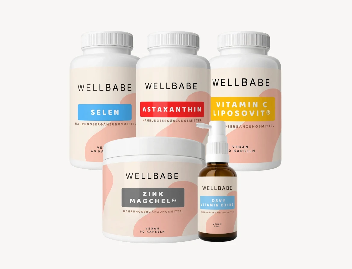 Die Wellbabe-Präparate des Immunsystem-Bundles mit Selen, Astaxanthin, Vitamin C Liposovit und Zink MagChel