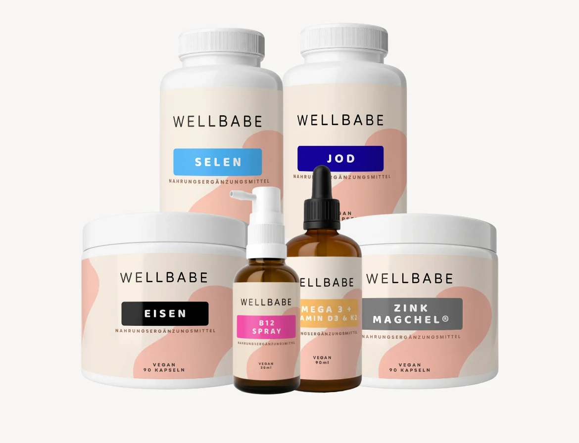 Die Wellbabe-Präparate des Veganer-Lifestyle-Bundles mit Selen, Jod, Eisen, Zink MagChel und Omega-3-Öl