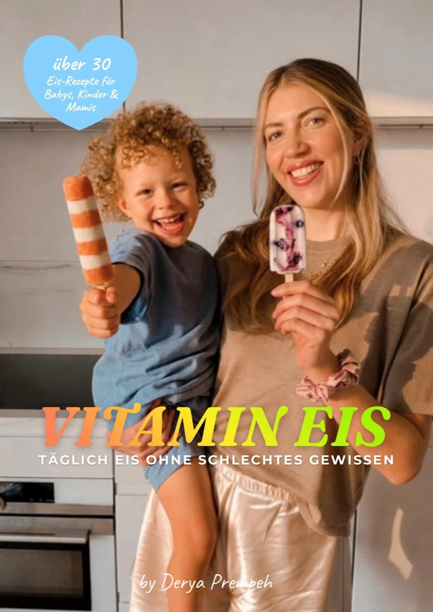 Cover des E-Books Vitamin Eis von Derya Prempeh, eine Mutter und ein Kind halten Eis am Stiel in einer Küche